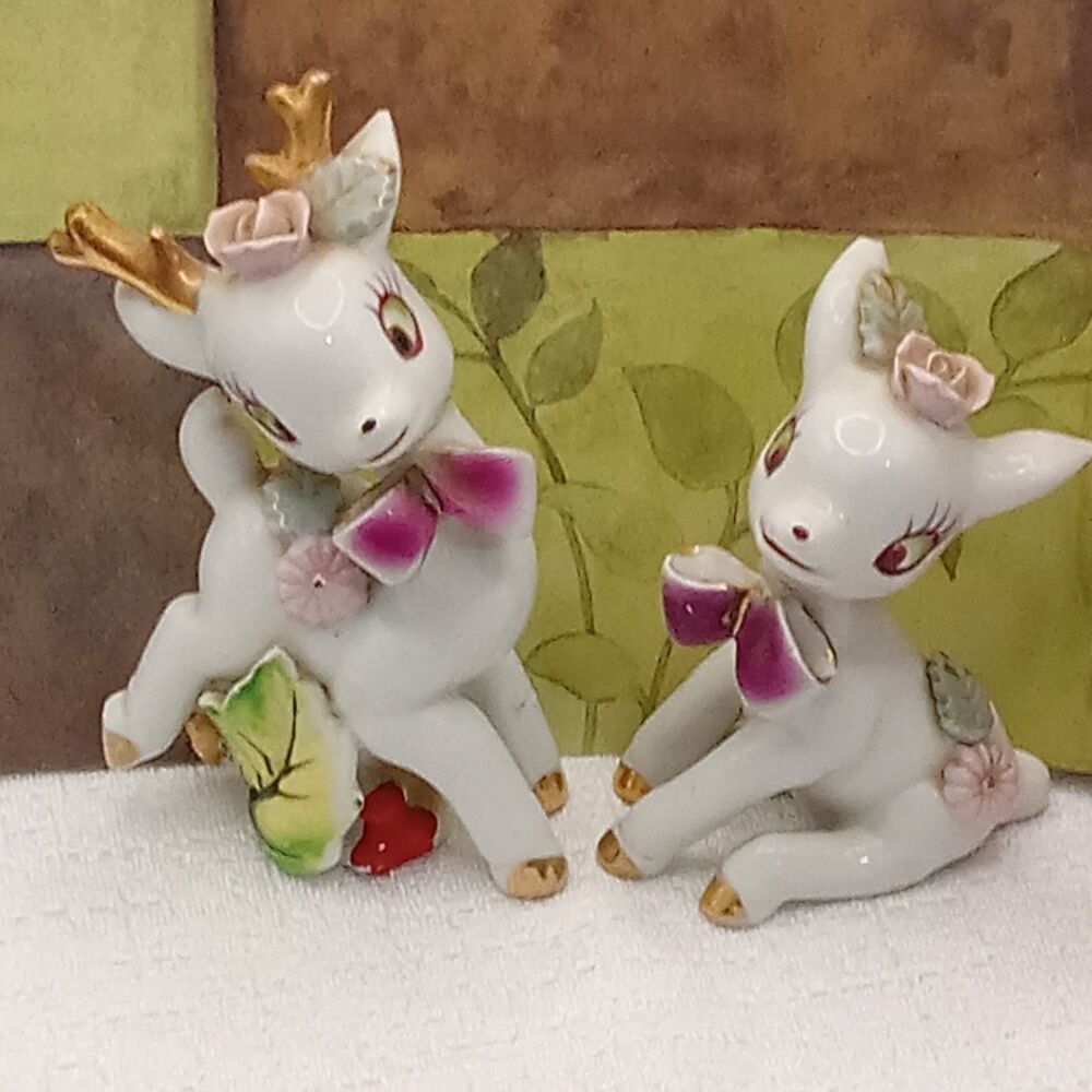Noritake White Deer Porcelain Playful Floral Figurines Japan